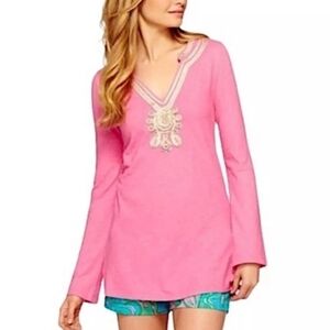 Lilly Pulitzer Emerson Hotty Pink Long Sleeve Tunic Top Gold Applique Trim